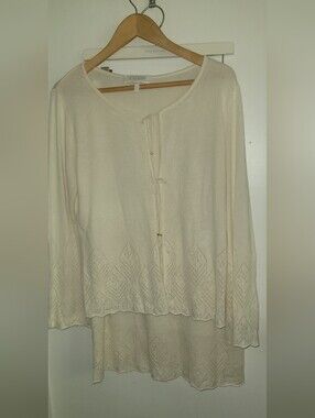 ESCADA Cream Tie-Detail Scalloped set Cardigan Pencil Skirt Silk And Cashmere